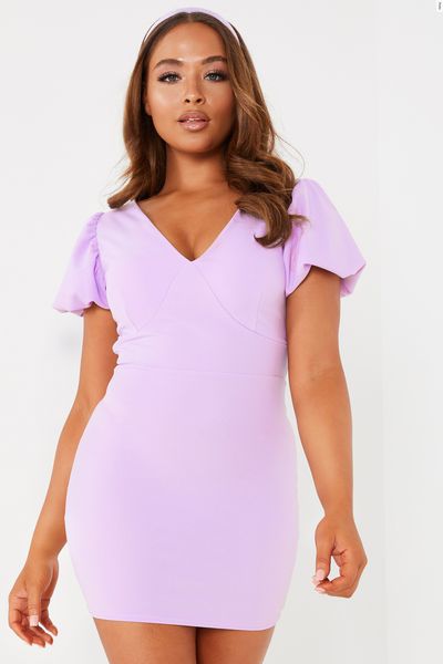 Petite Lilac Puff Sleeve Bodycon Dress